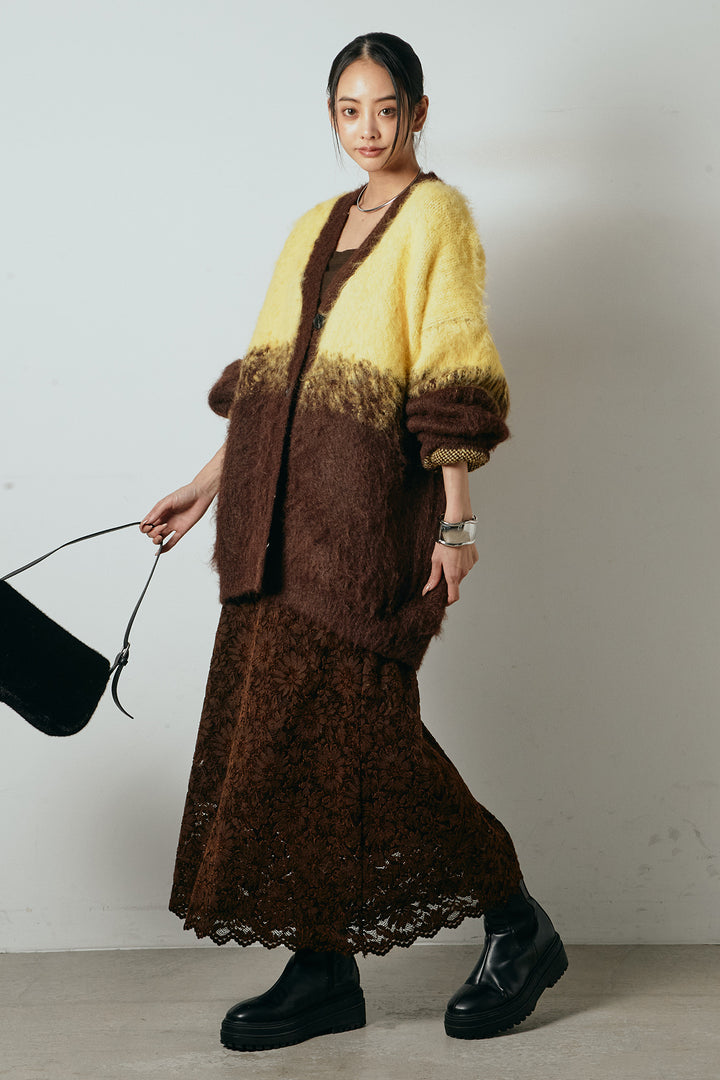 [SET]起毛グラデーションニットカーディガン+花柄刺繍ベロアフレアスカート(2set)