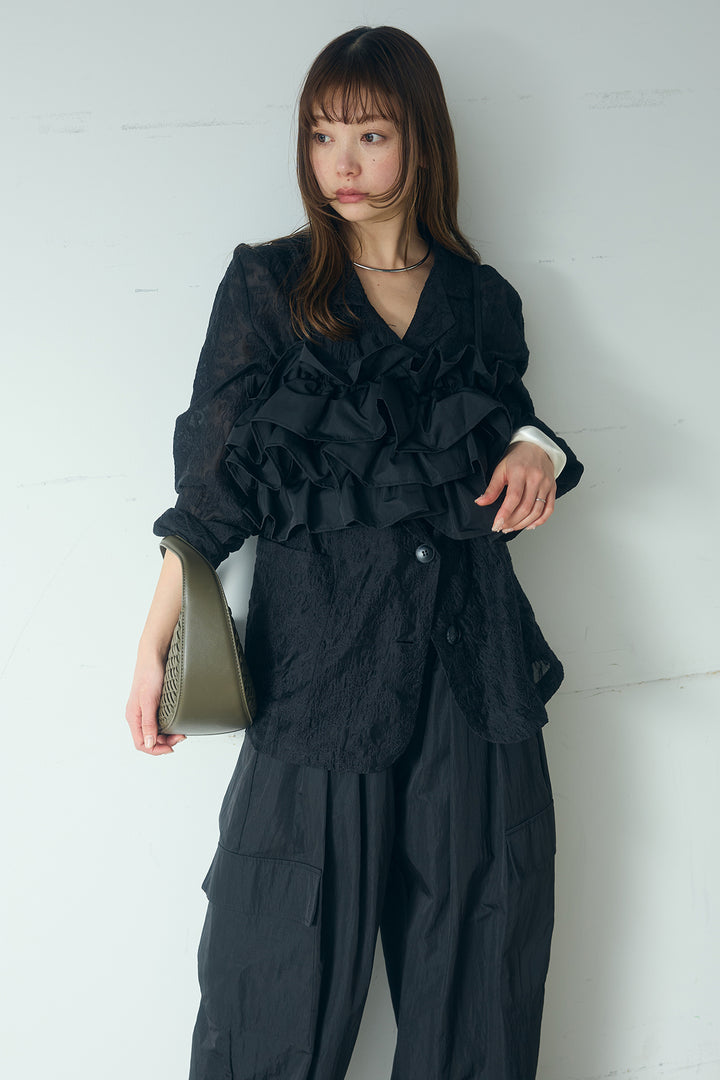 [SET]刺繍シアーテーラードジャケット+撥水フリルビスチェ+撥水ジョガーパンツ(3set)