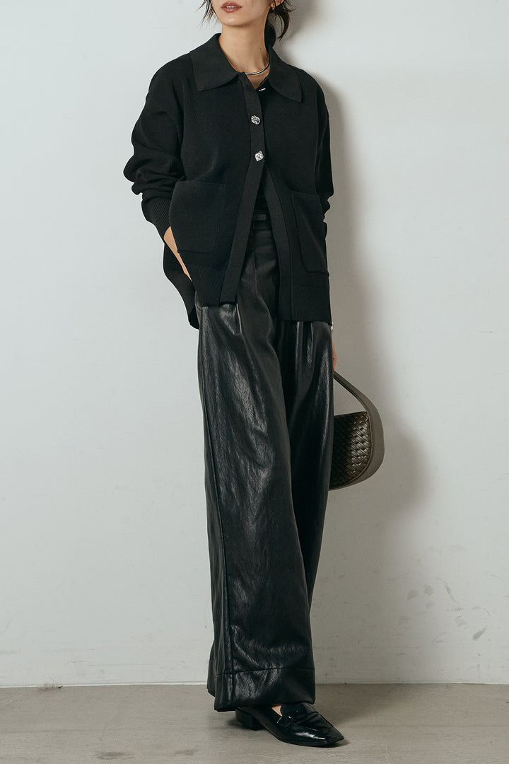 [SET]メタル釦衿付きニットカーディガン+ベルト付きレザーライクタックパンツ(2set)