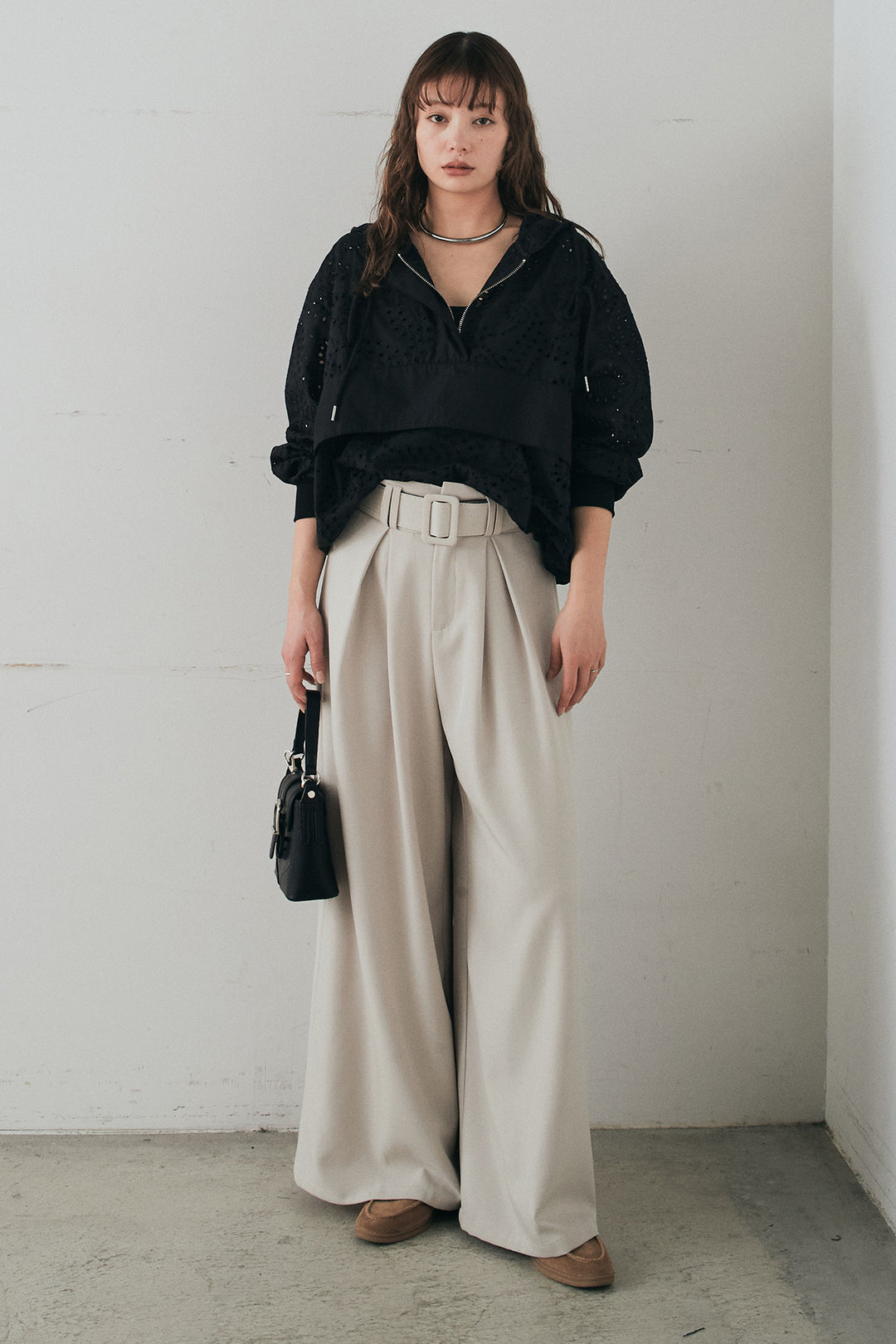 [SET]レースハーフジップアップフーディー+ベルト付きツータックワイドパンツ(2set)
