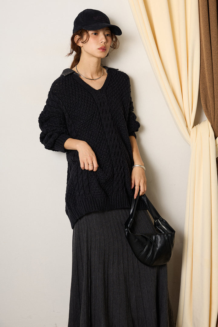 [SET]デニムカラーケーブルオーバーニット+編み地切り替えフレアニットスカート(2set)