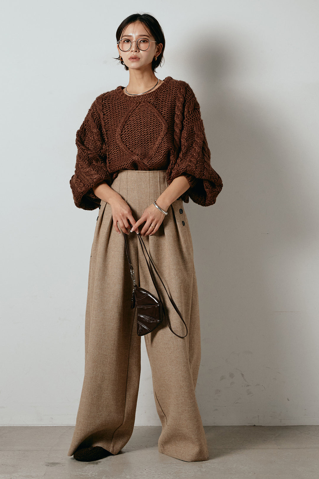 [SET]ロービングケーブルショート丈プルオーバー+サイドボタンツイードタックパンツ(2set)