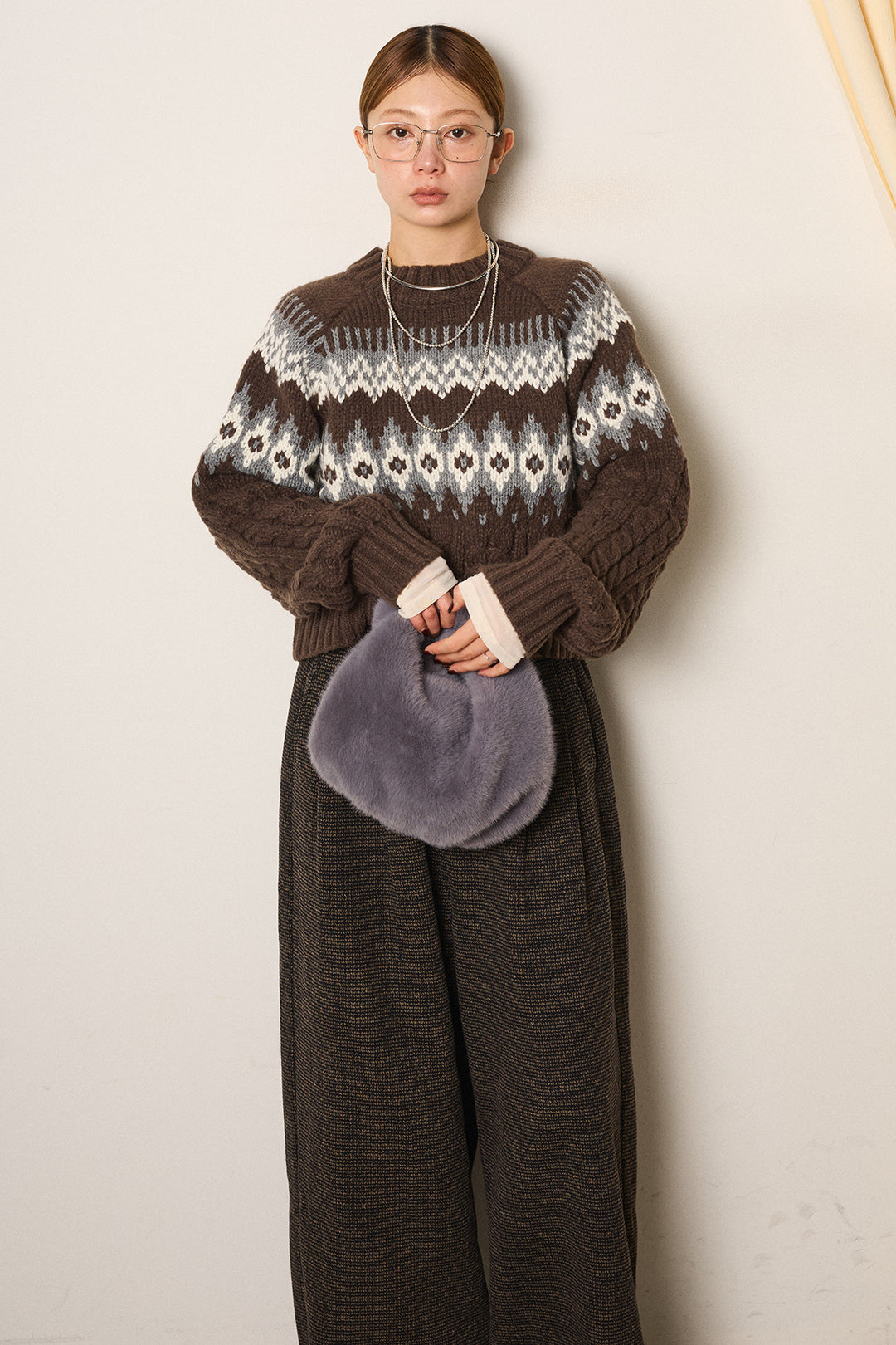 [SET]2WAY求心柄ジャガードショートカーディガン+起毛タック入りツイードワイドパンツ+2WAY袖コード刺繍クルーネックプルオーバー(3set)