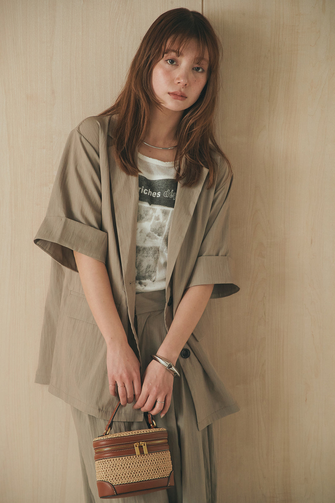 [SET]リネンライクテーラードハーフスリーブジャケット+リネンライク2タックワイドパンツ+半袖モノトーングラフィックトップス(3set)