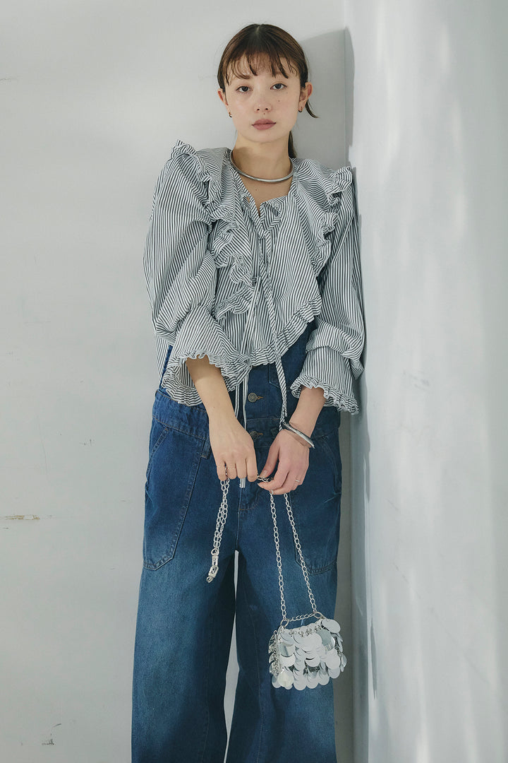 [SET]コットンフリルブラウス+デニムサロペットワイドパンツ(2set)