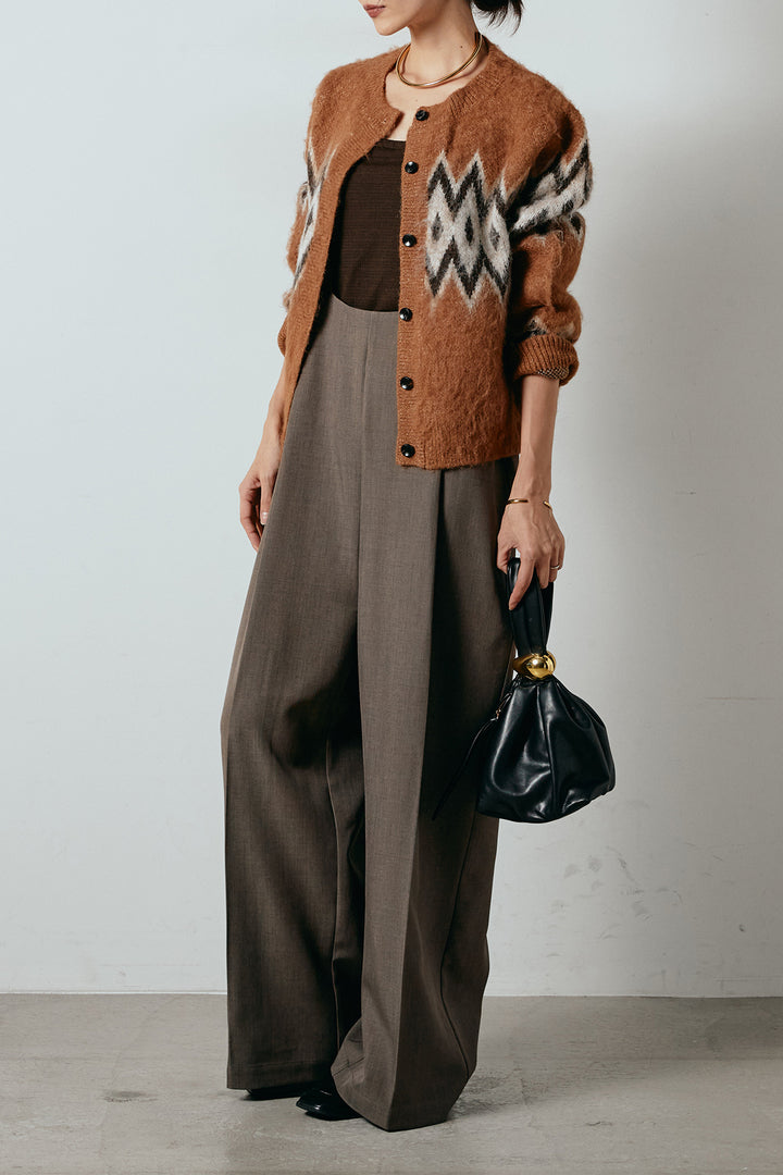 [SET]起毛ノルディック柄ニットカーディガン+ワイドツイルサロペット(2set)