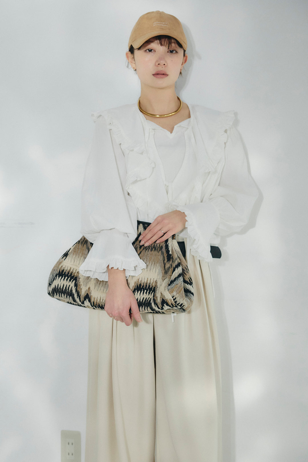 [SET]コットンフリルブラウス+ベルト付きタックデザインハイウエストロングパンツ(2set)