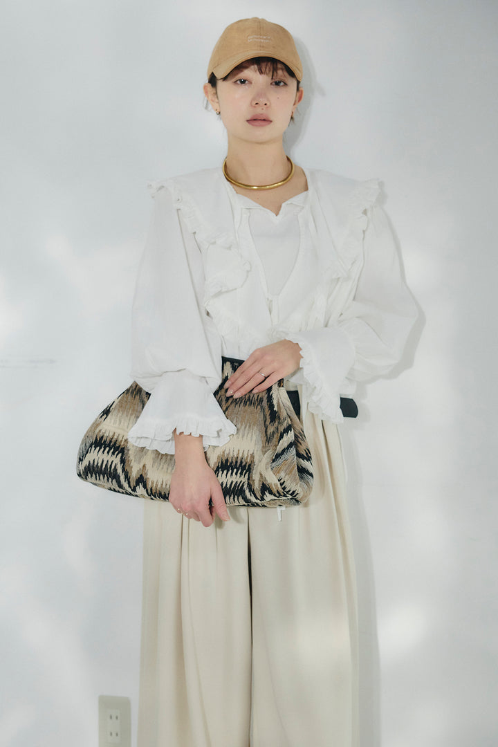 [SET]コットンフリルブラウス+ベルト付きタックデザインハイウエストロングパンツ(2set)