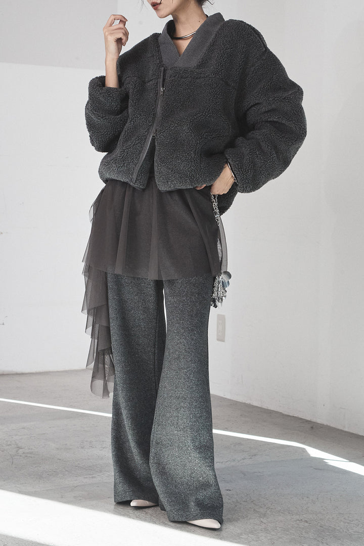 [SET]ノーカラーリブボアアウター+チュールレイヤードニットパンツ(2set)