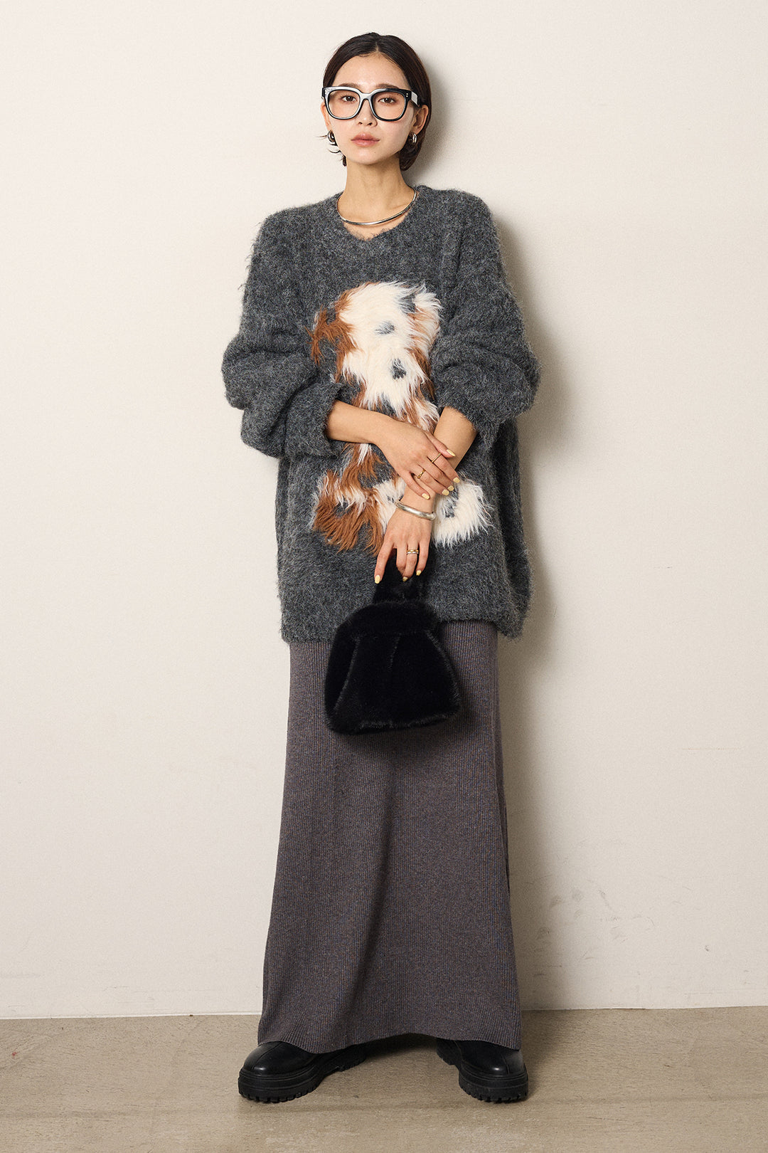 [SET]シャギーニュアンスアニマルニット+リブナローニットスカート(2set)