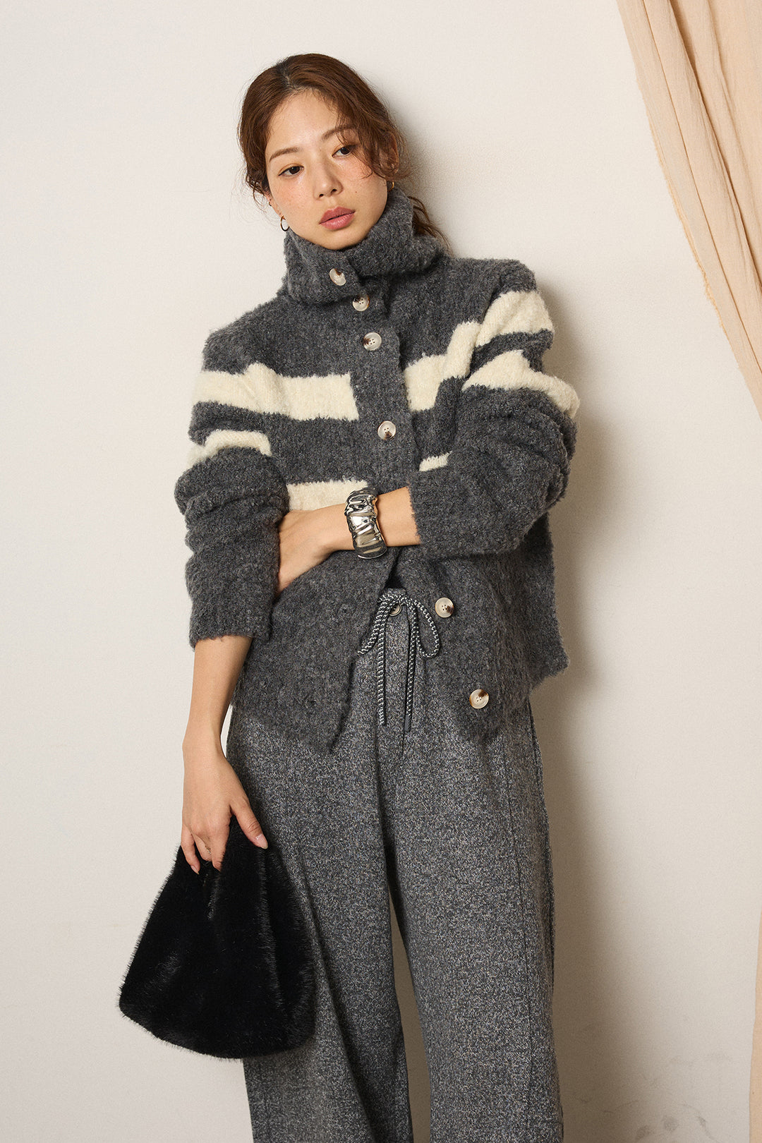 [SET]ハイネックボーダーニットカーディガン+杢ニットフレアパンツ(2set)