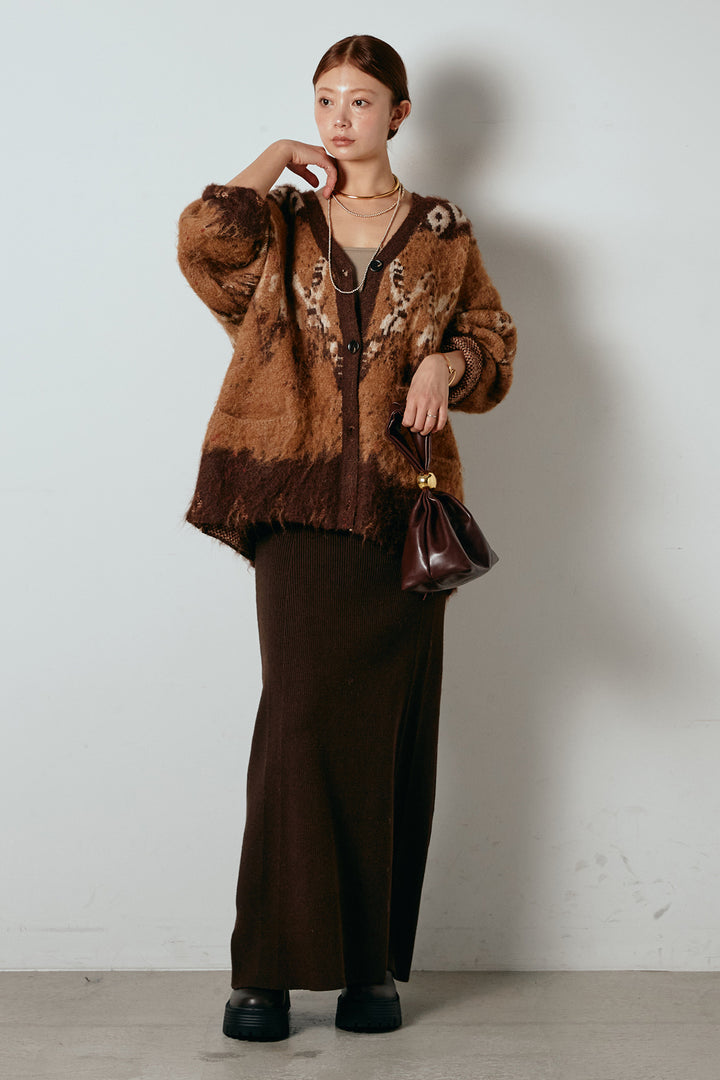 [SET]シャギーニュアンス柄ニットカーディガン+リブナローニットスカート(2set)