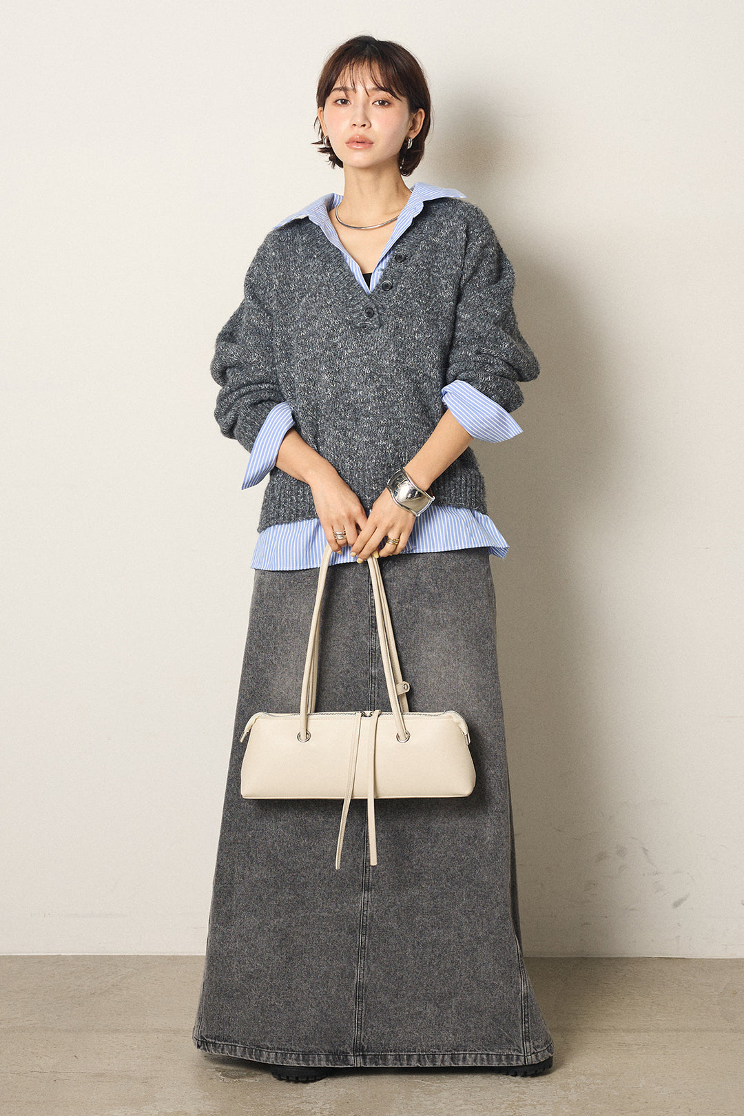 [SET]ストライプシャツドッキングニットポロトップス+デニムロングフレアスカート(2set)