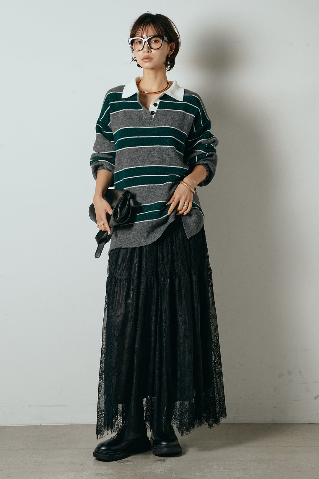 [SET]ラガーニットボーダーポロプルオーバー+ひげレース切替ロング丈スカート(2set)