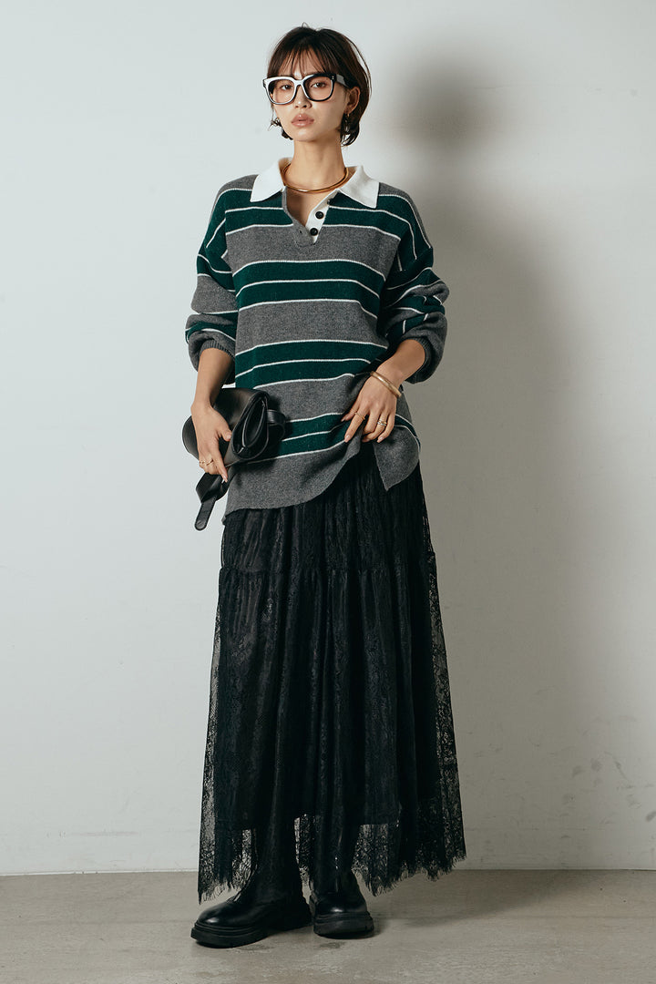 [SET]ラガーニットボーダーポロプルオーバー+ひげレース切替ロング丈スカート(2set)