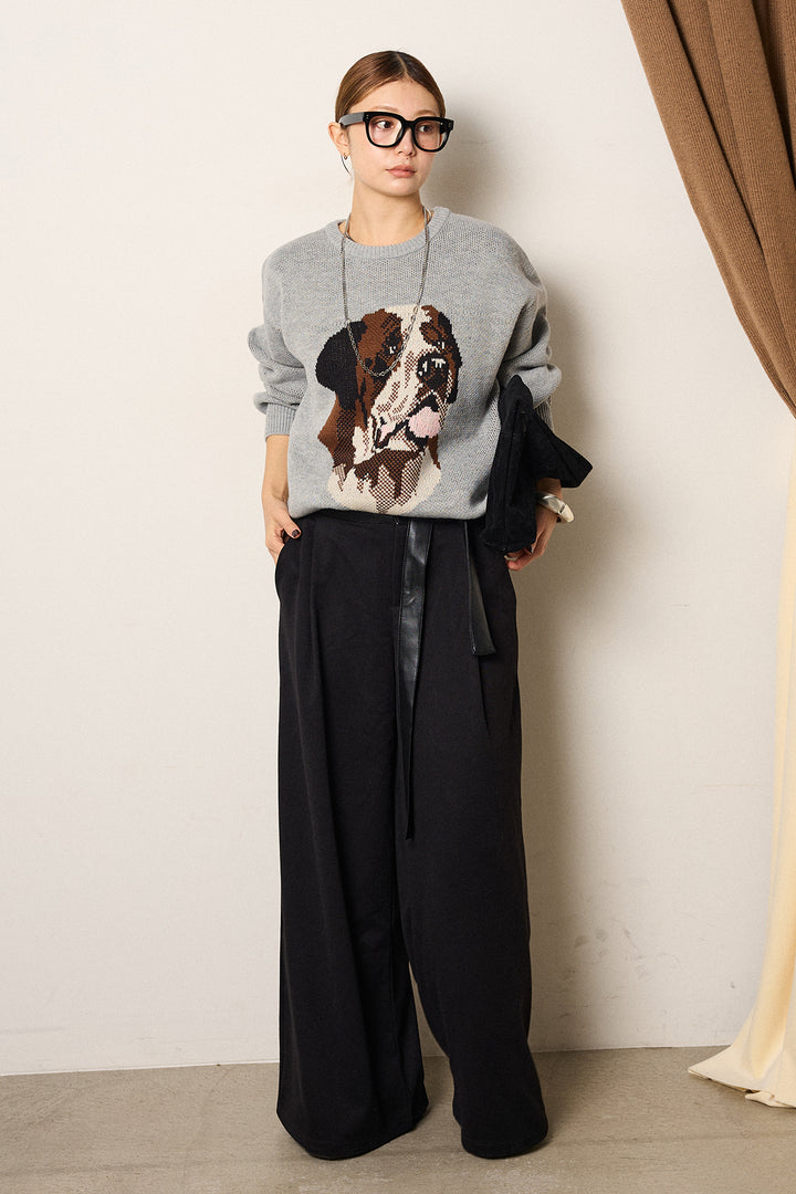 [SET]アニマルジャガード柄ニットトップス+巻ベルトウエストレザーライクワイドパンツ(2set)