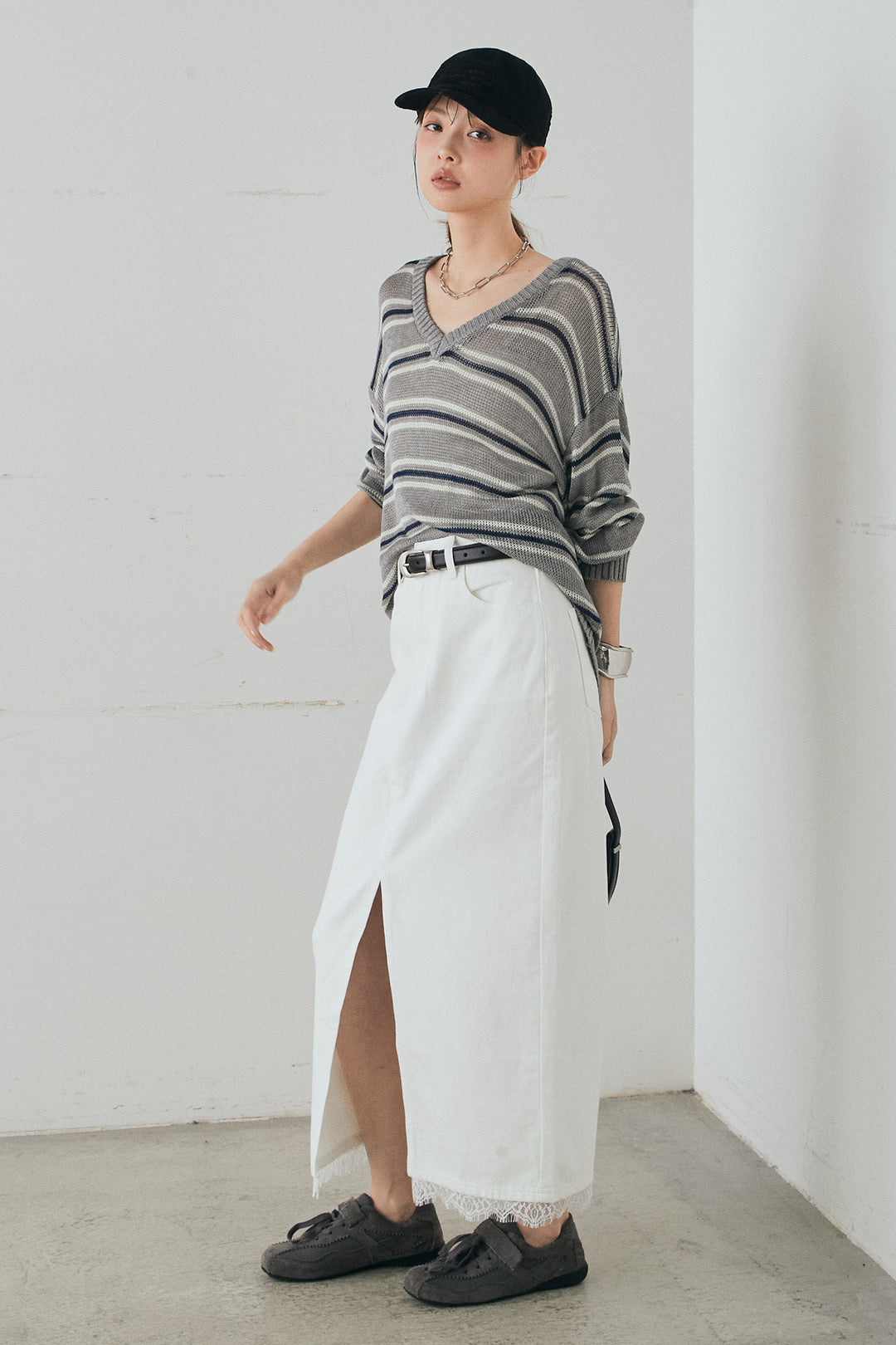 [SET]綿タッチVネックボーダートップス+裾レースデザインデニムスカート(2set)