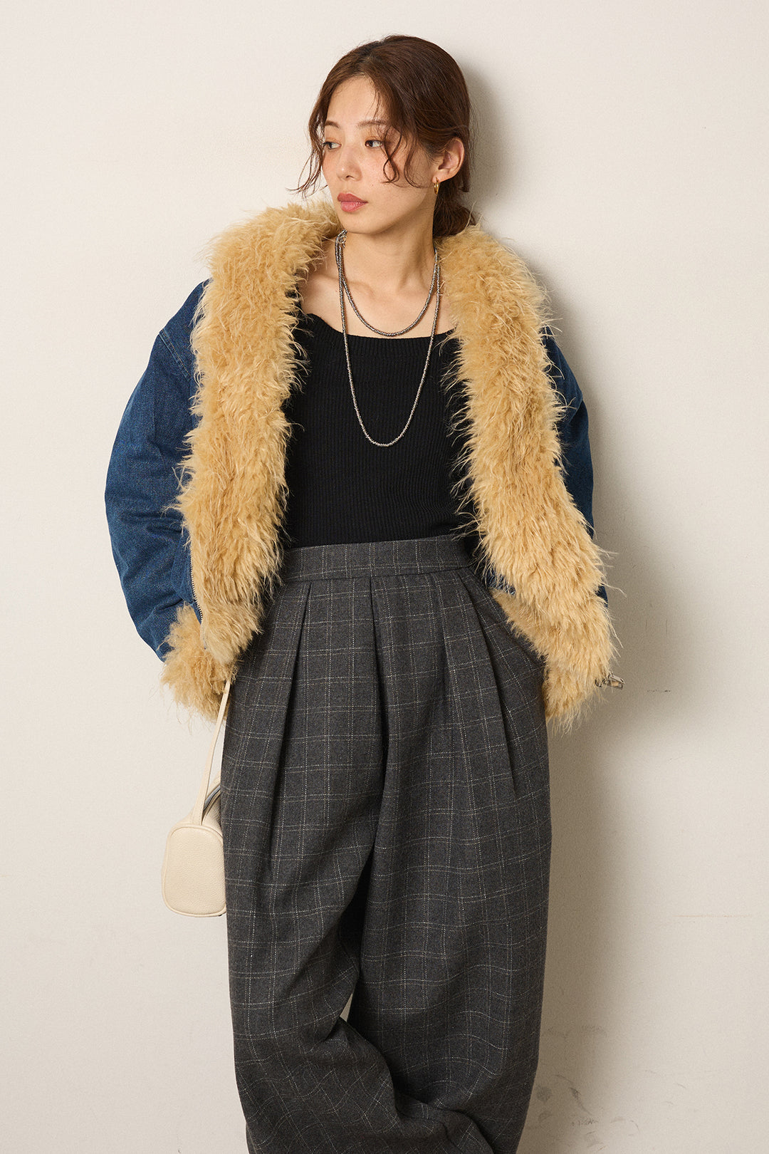 [SET]エコファーデニムボアジャケット+ウールライクチェックタックパンツ(2set)