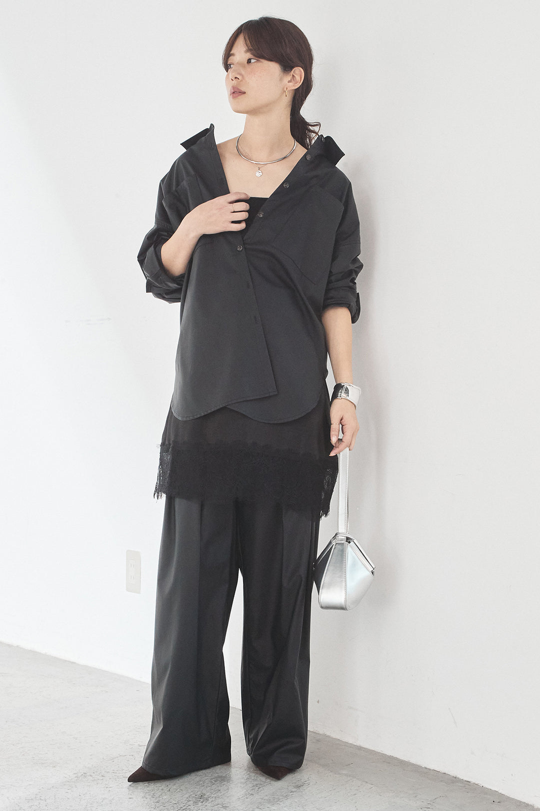 [SET]ウォッシャブルエコレザービックカフスシャツ+ウォッシャブルエコレザータックパンツ(2set)