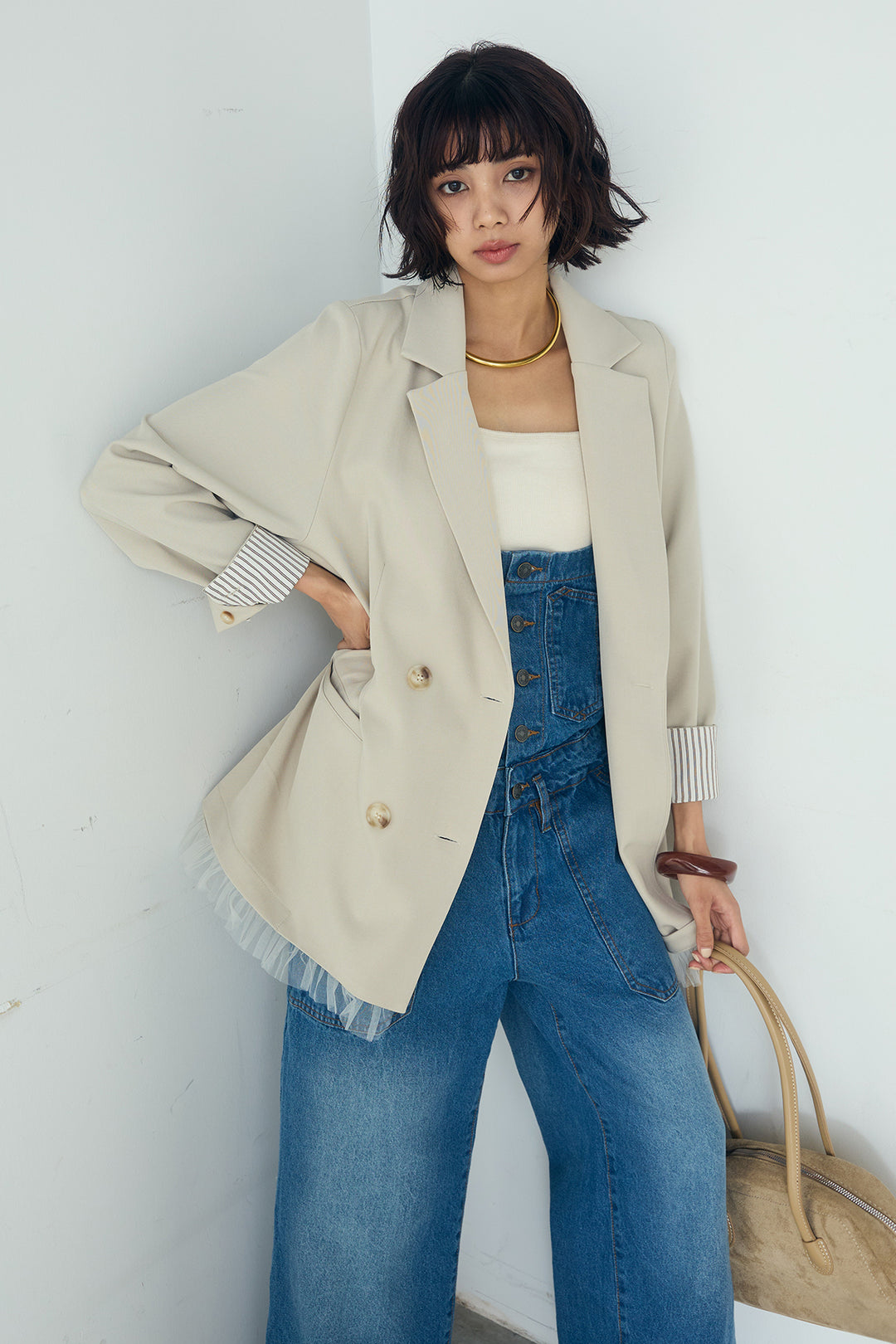 [SET]裾フリルダブルジャケット+デニムサロペットワイドパンツ(2set)