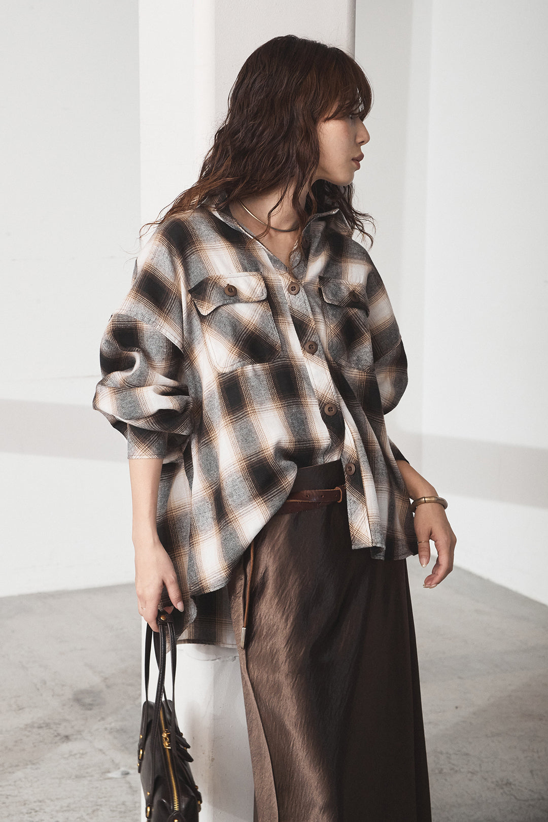 [SET]オンブレーチェックビッグシルエットCPOシャツ+裾レースデザインサテンスカート(2set)