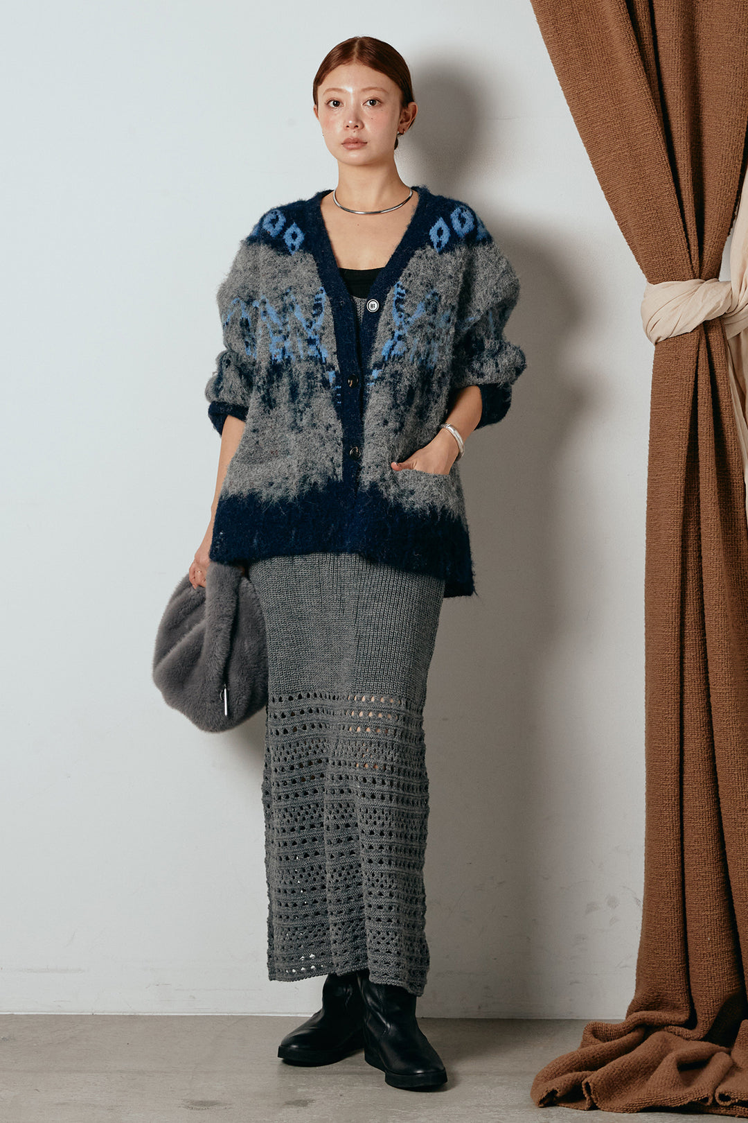 [SET]シャギーニュアンス柄ニットカーディガン+裾透かし編みキャミソールニットワンピース(2set)