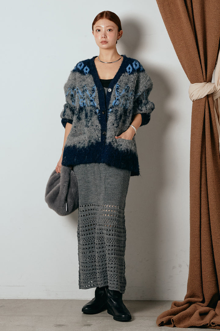 [SET]シャギーニュアンス柄ニットカーディガン+裾透かし編みキャミソールニットワンピース(2set)