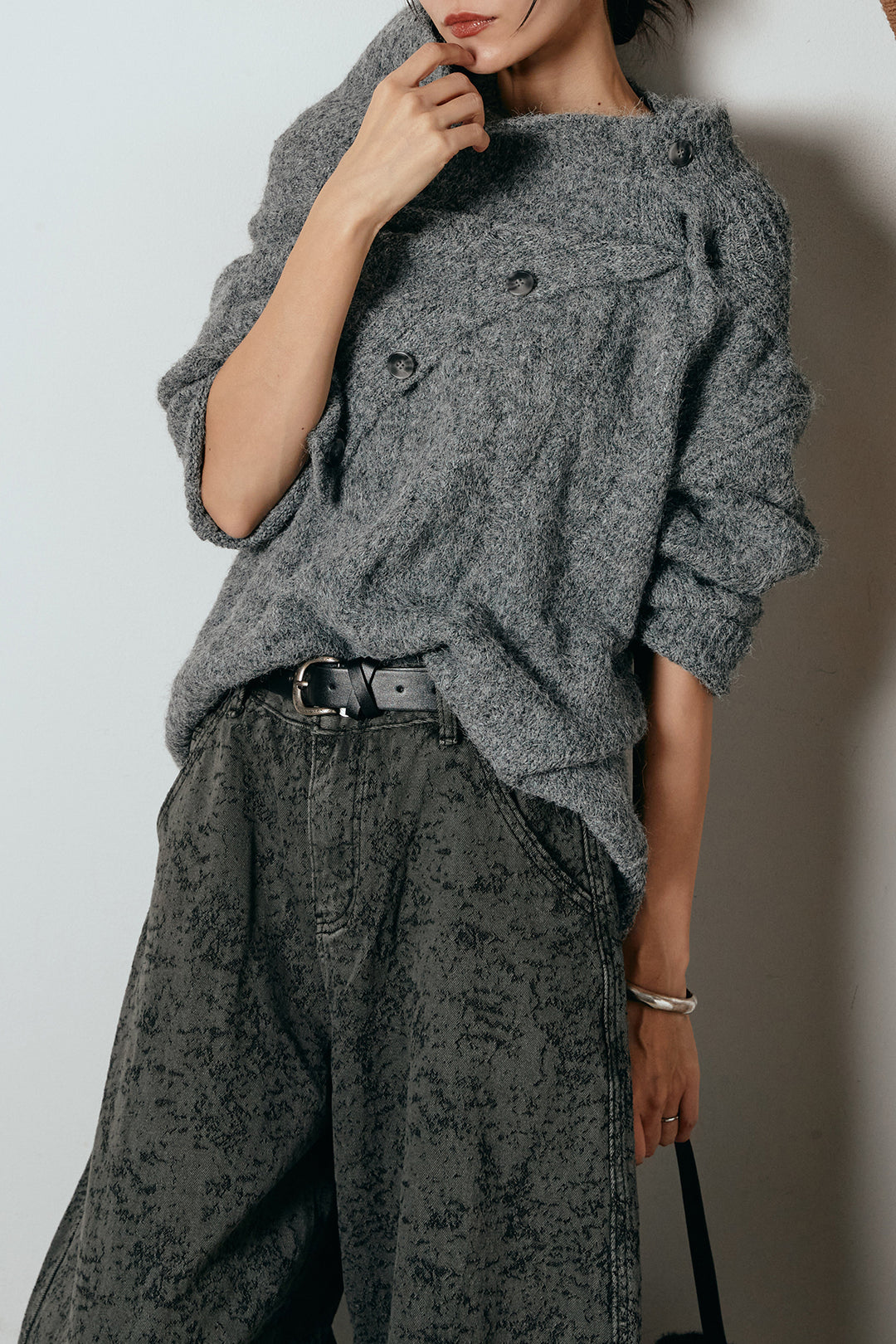 [SET]ケープデザインケーブルニットトップス+ベルト付きニュアンス柄カーブワイドパンツ(2set)