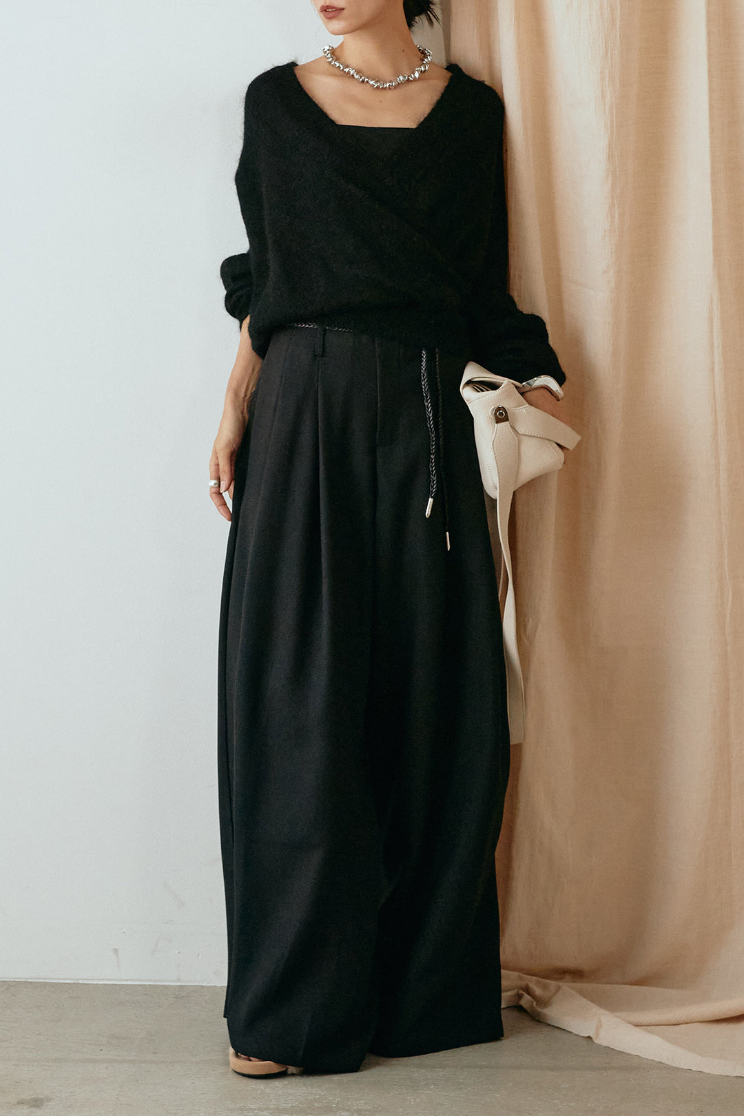 [SET]カシュクールデザインニット+細ベルト付きワイドパンツ(2set)