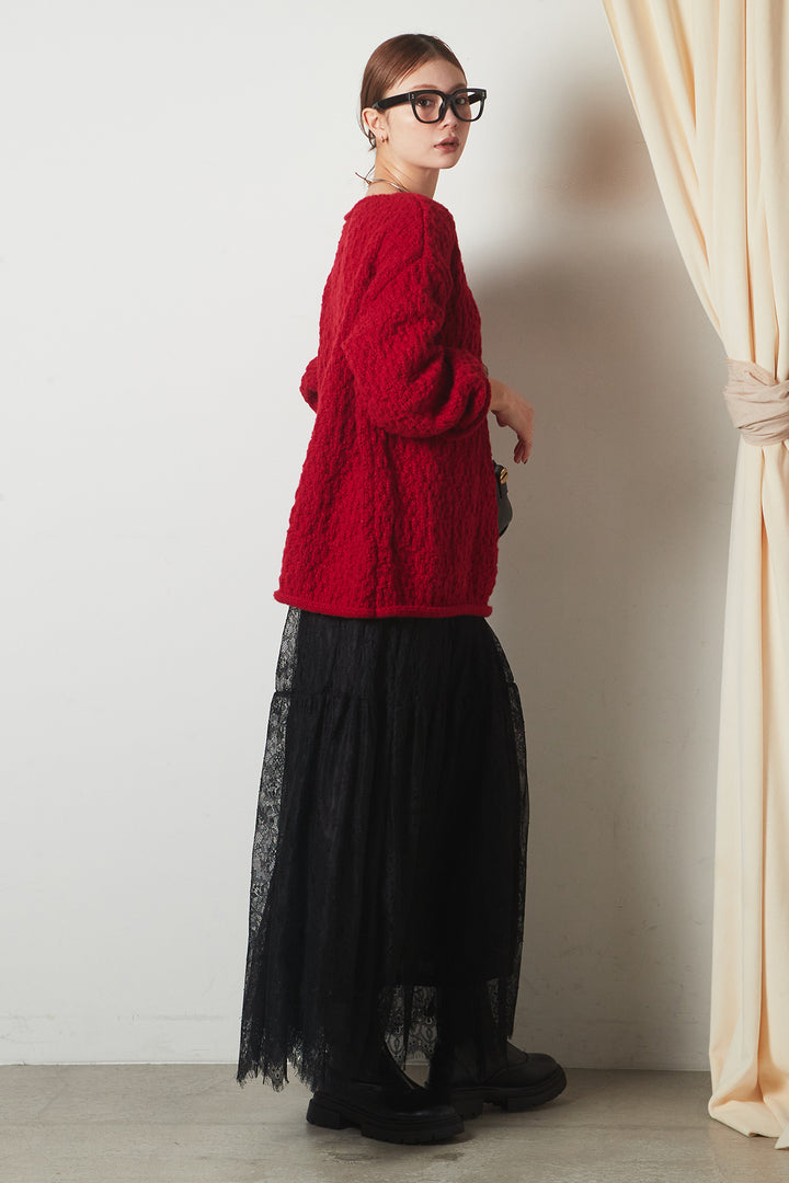 [SET]ボリューム編みニットプルオーバー+ひげレース切替ロング丈スカート(2set)