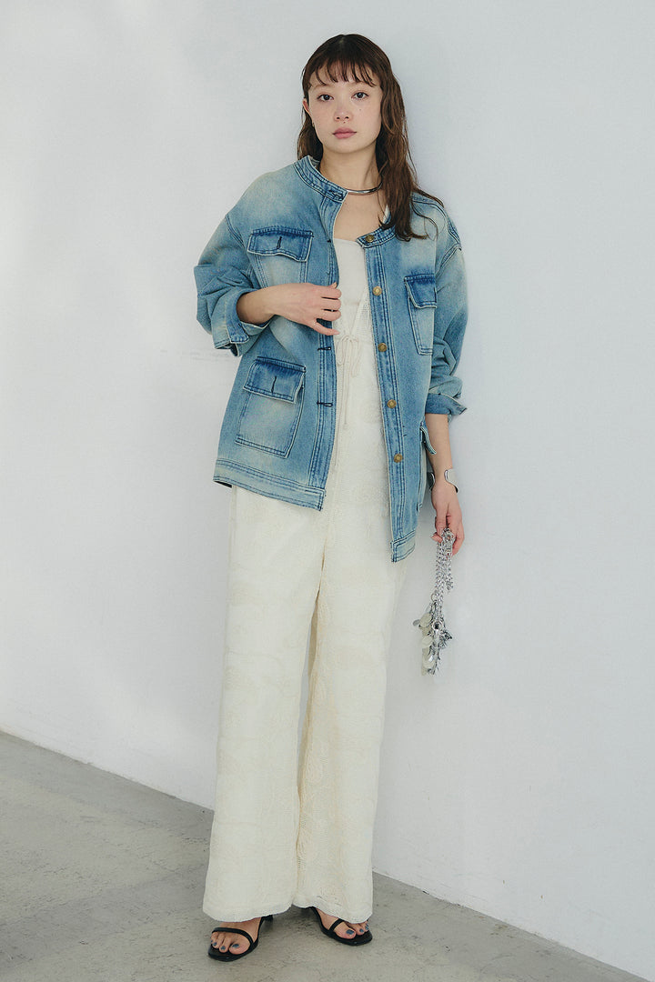 [SET]ノーカラーデニムポケットジャケット+レースサロペット(2set)