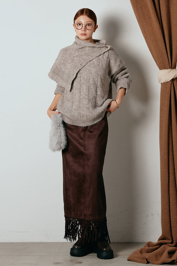 [SET]ケープデザインケーブルニットトップス+スウェードライク裾フリンジスカート(2set)