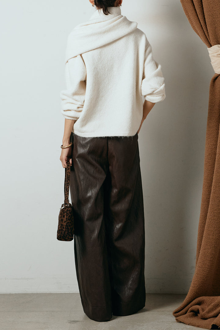 [SET]ネック巻きデザインニットトップス+ベルト付きレザーライクタックパンツ(2set)