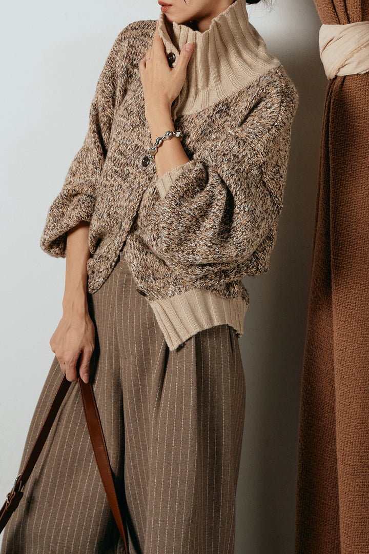 [SET]ハイネックミックスニットカーディガン+ウールライクストライプパンツ(2set)