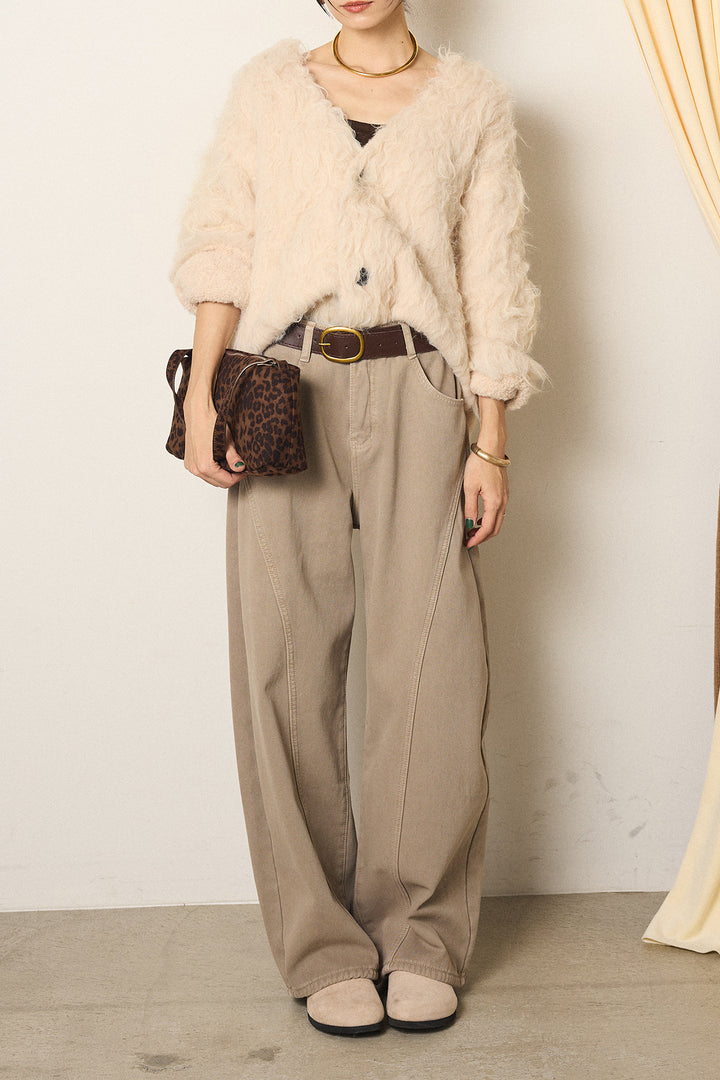 [SET]起毛シャギーニットカーディガン+ベルト付きカジュアルカーブワイドパンツ(2set)