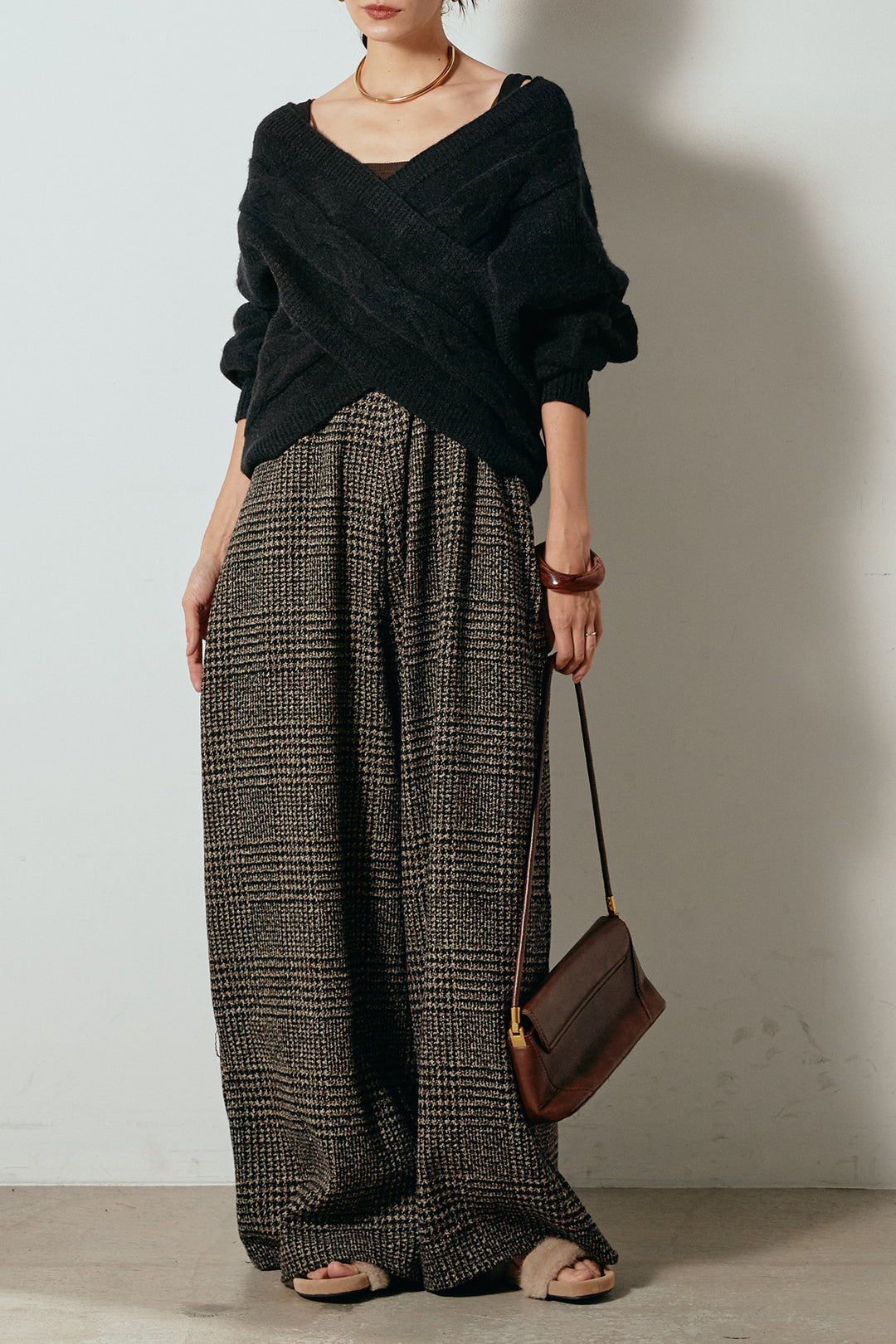 [SET]ケーブルカシュクールニットトップス+前後2wayグレンチェック柄スカーチョサロペット(2set)