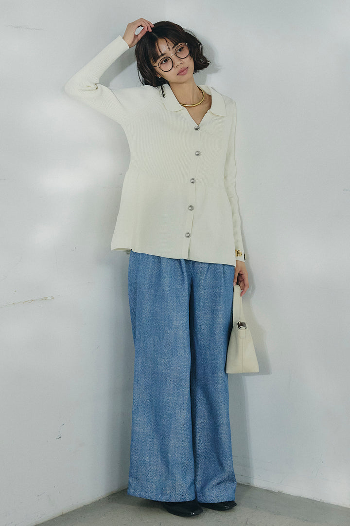 [SET]スキッパーペプラムニット+デニムライクヘリンボーンタックパンツ(2set)