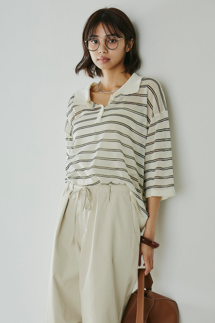 [SET]ボーダーニットポロシャツ+ニーサイドタックウエストドロスパンツ(2set)