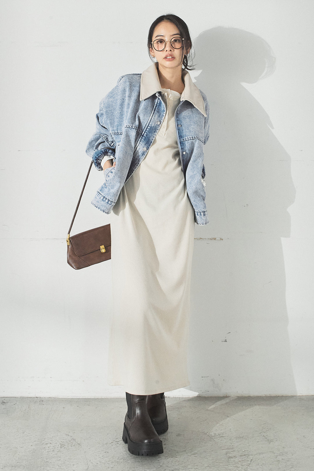 [SET]加工デニムレザー襟付きデニムブルゾン+カットリブレイヤードヘンリーネックワンピース(2set)