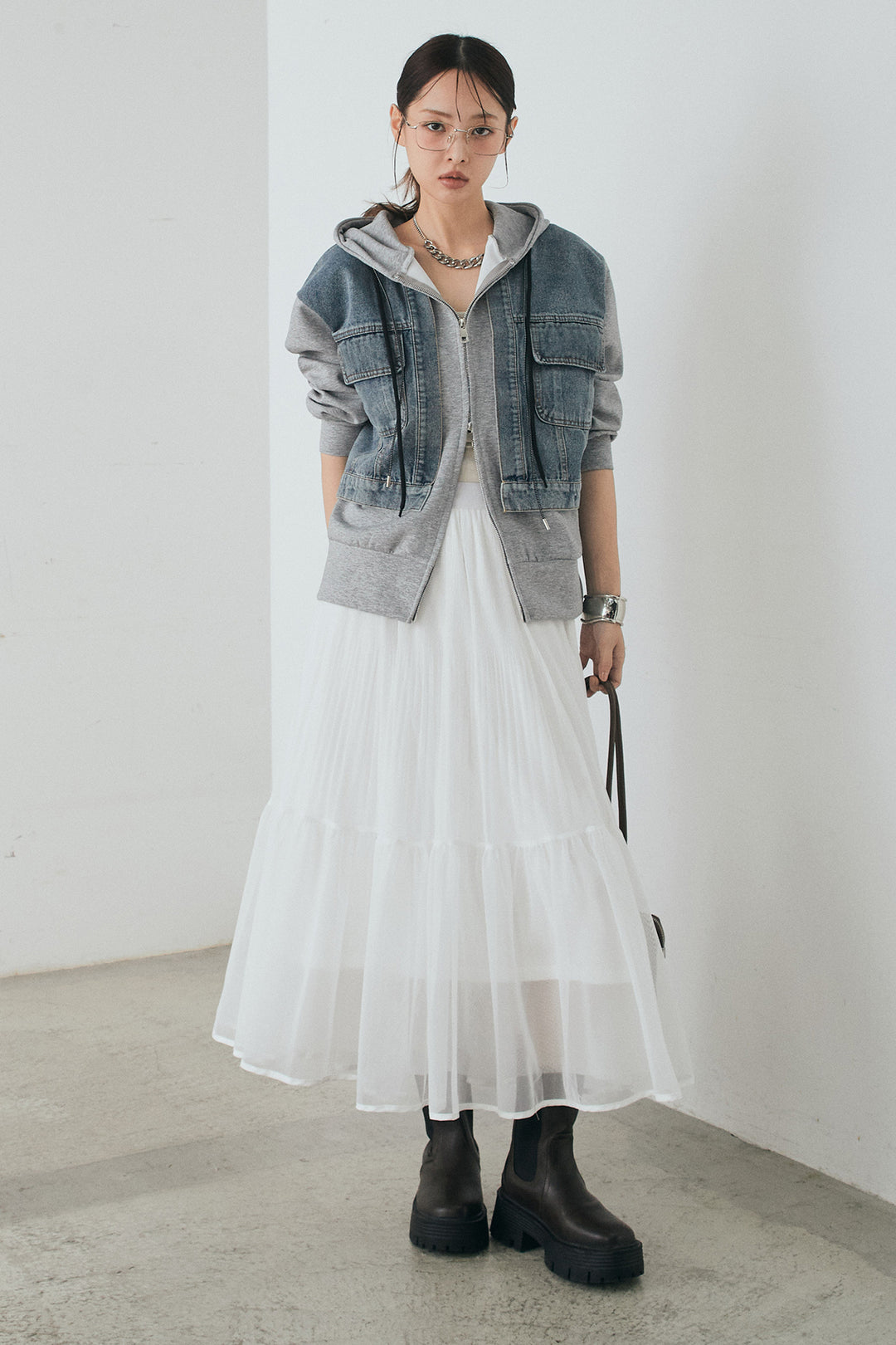 [SET]デニム切替ポンチダブルジップパーカー+ボリュームシルエットチュールスカート(2set)