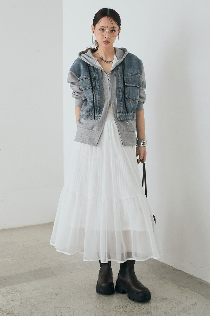 [SET]デニム切替ポンチダブルジップパーカー+ボリュームシルエットチュールスカート(2set)