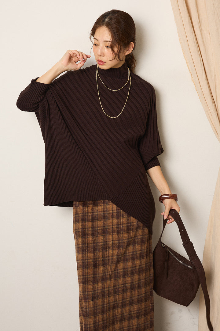 アシメデザインリブポンチョニットトップス