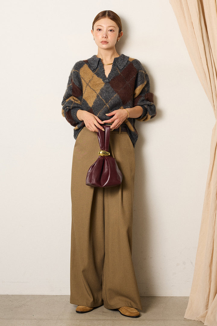 [SET]アクリルモヘアアーガイルキーネックプルオーバー+フロントワイドタックネップ入ワイドパンツ(2set)