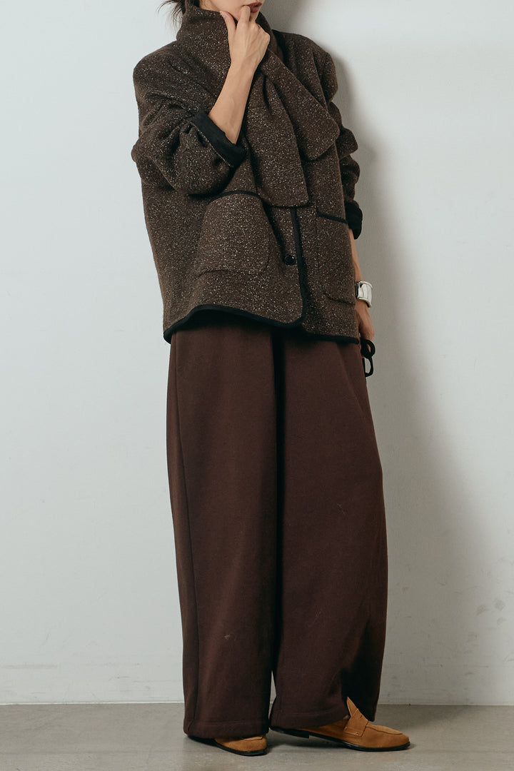 [SET]ノーカラーマフラーバッグ付きアウター+裏起毛スウェットワイドパンツ(2set)