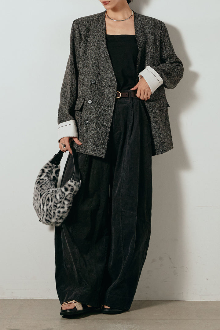 [SET]ノーカラーダブルボタンツイードジャケット+タック入りコーデュロイワイドパンツ(2set)