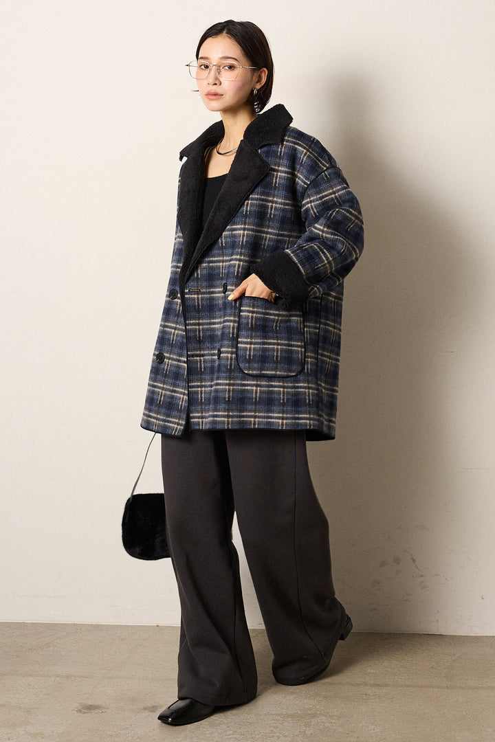 [SET]裏地ボアタータンチェック柄ミディアムコート+裏起毛スウェットワイドパンツ(2set)