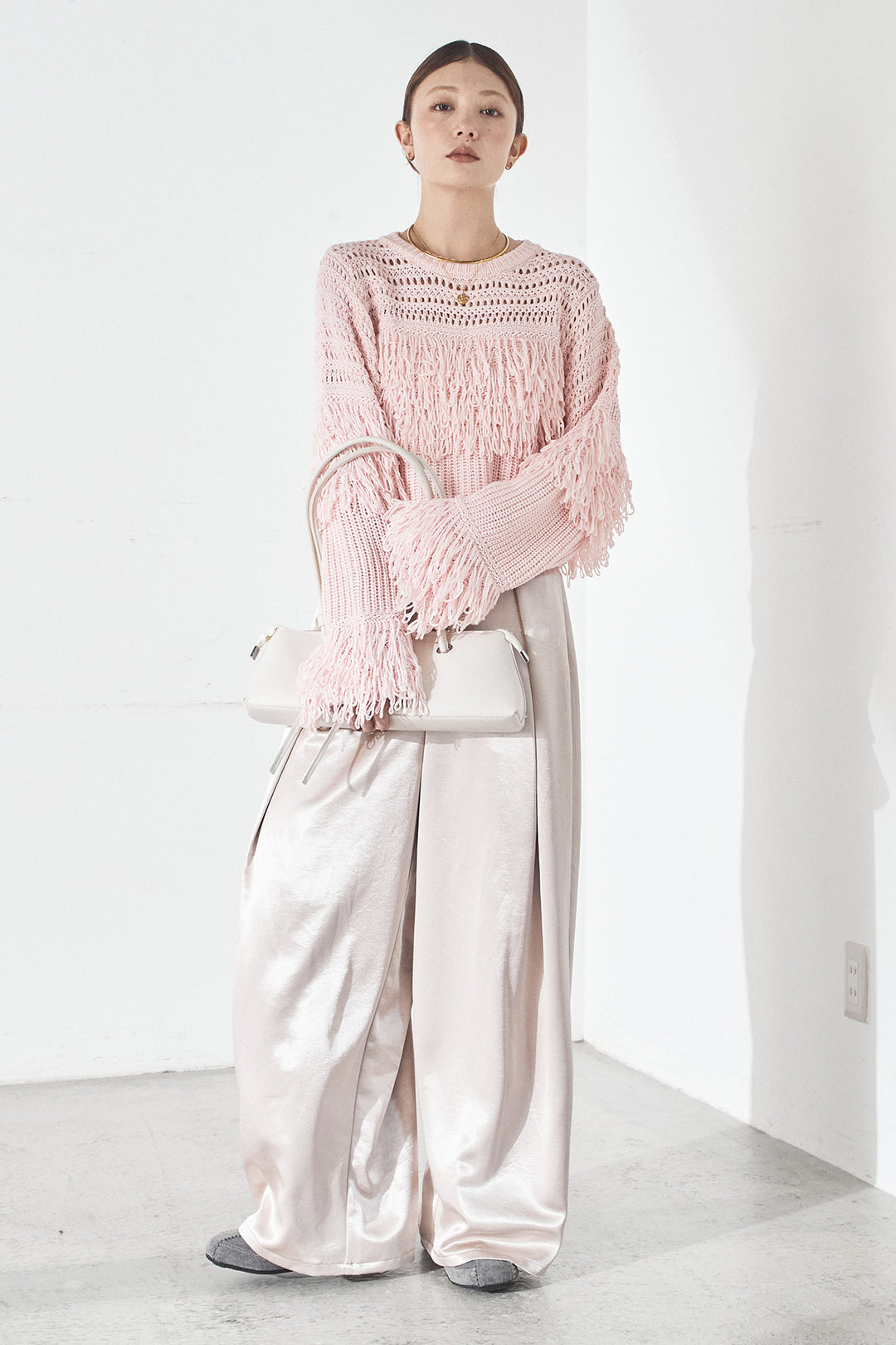 [SET]メッシュフリンジ切り替えプルオーバー+サテンタックワイドパンツ(2set)