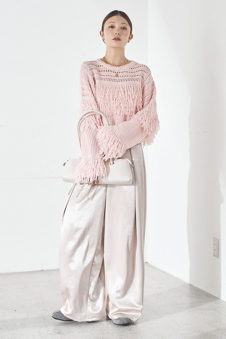 [SET]メッシュフリンジ切り替えプルオーバー+サテンタックワイドパンツ(2set)