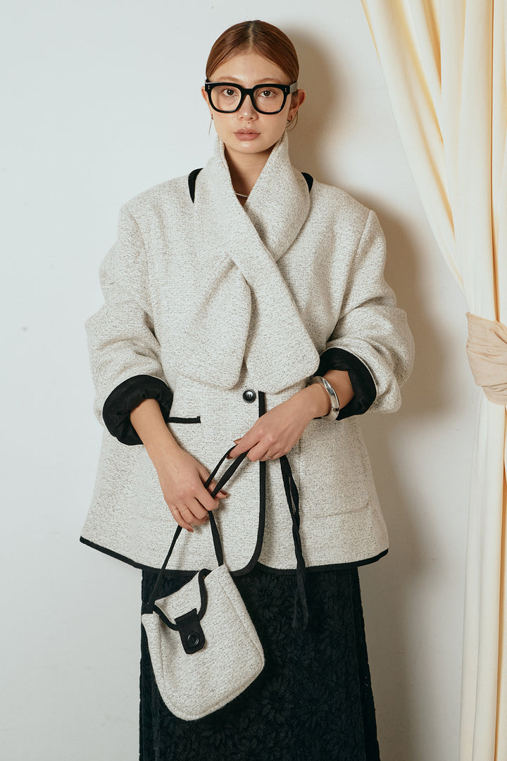 [SET]ノーカラーマフラーバッグ付きアウター+花柄刺繍ベロアフレアスカート(2set)