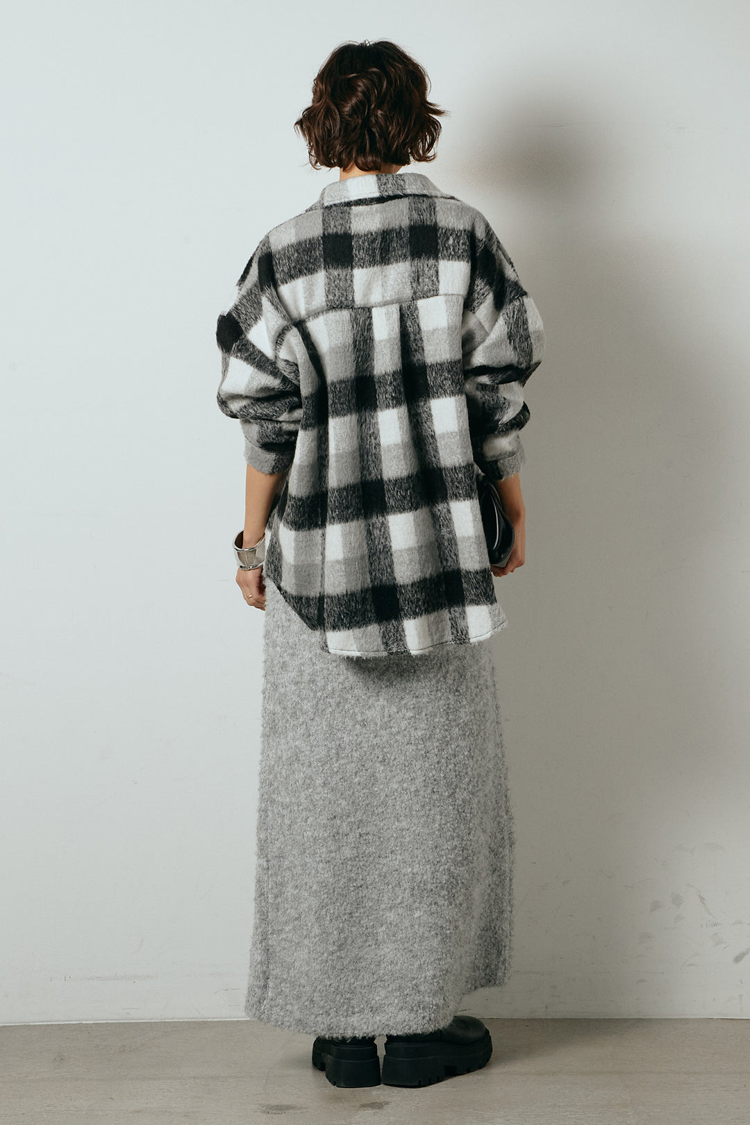 [SET]起毛チェック柄ポケットアウター+起毛ノースリーブニットロングワンピース(2set)